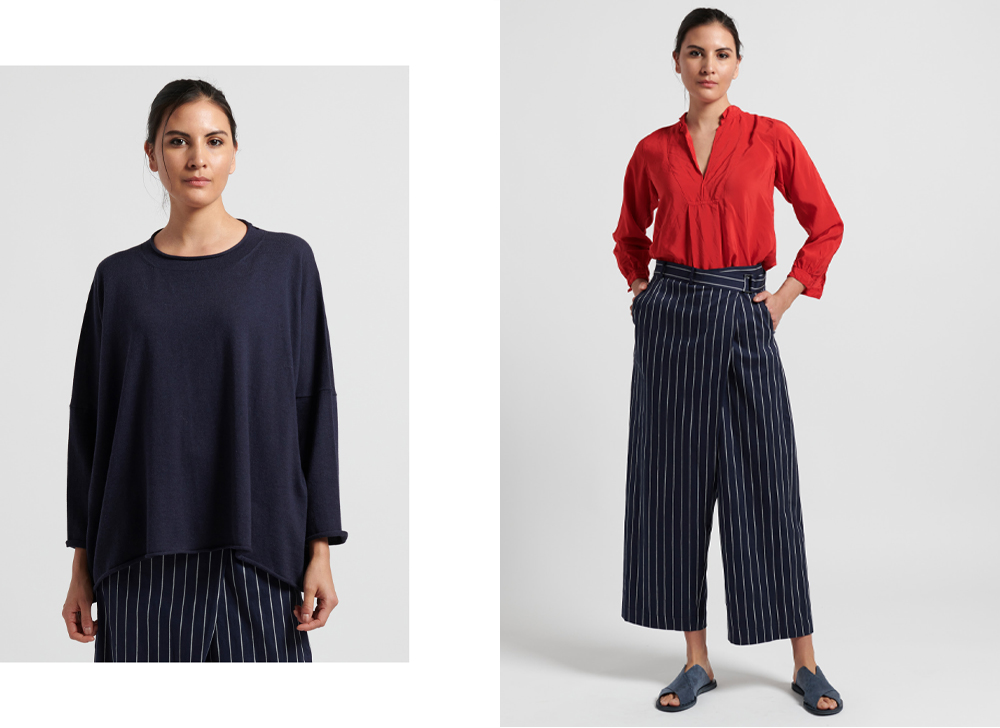 Left: Peter O Mahler Navy Sweater, Right: Cotton/ Linen Striped Pants in Navy