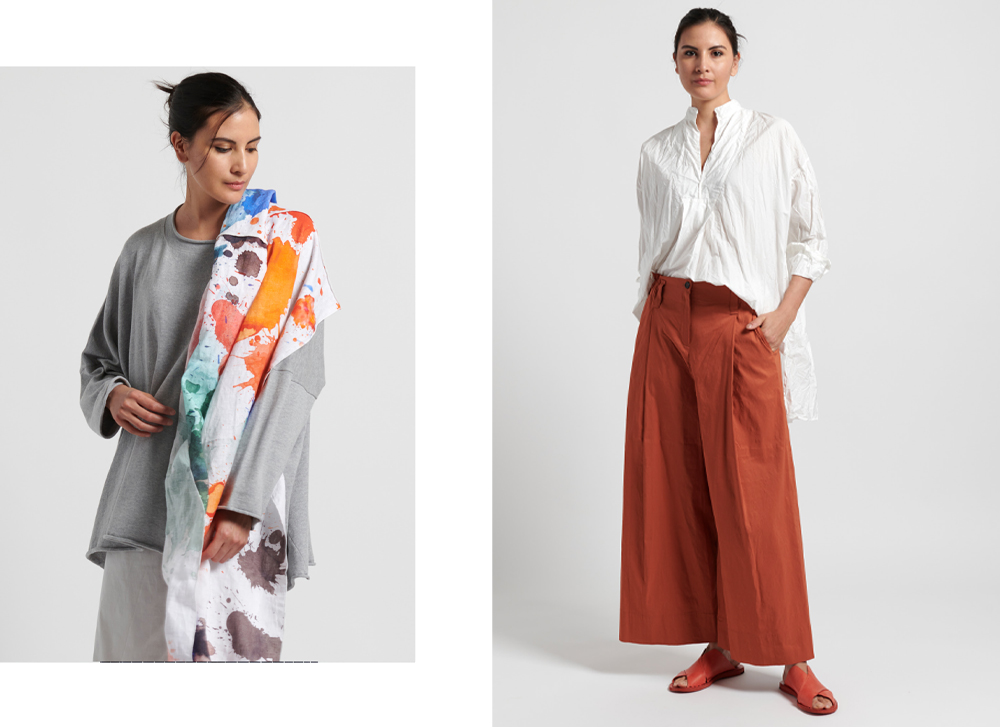 Left: Replika Scarf and Peter O Mahler Sweater, Right: Peter O Mahler Linen Culottes 