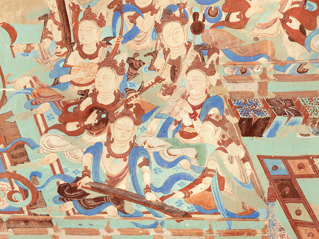 Cave 85, detail of wall painting of musicians, Late Tang dynasty (848–907 CE). Mogao Grottoes, Dunhuang, China. Courtesy the Dunhuang Academy